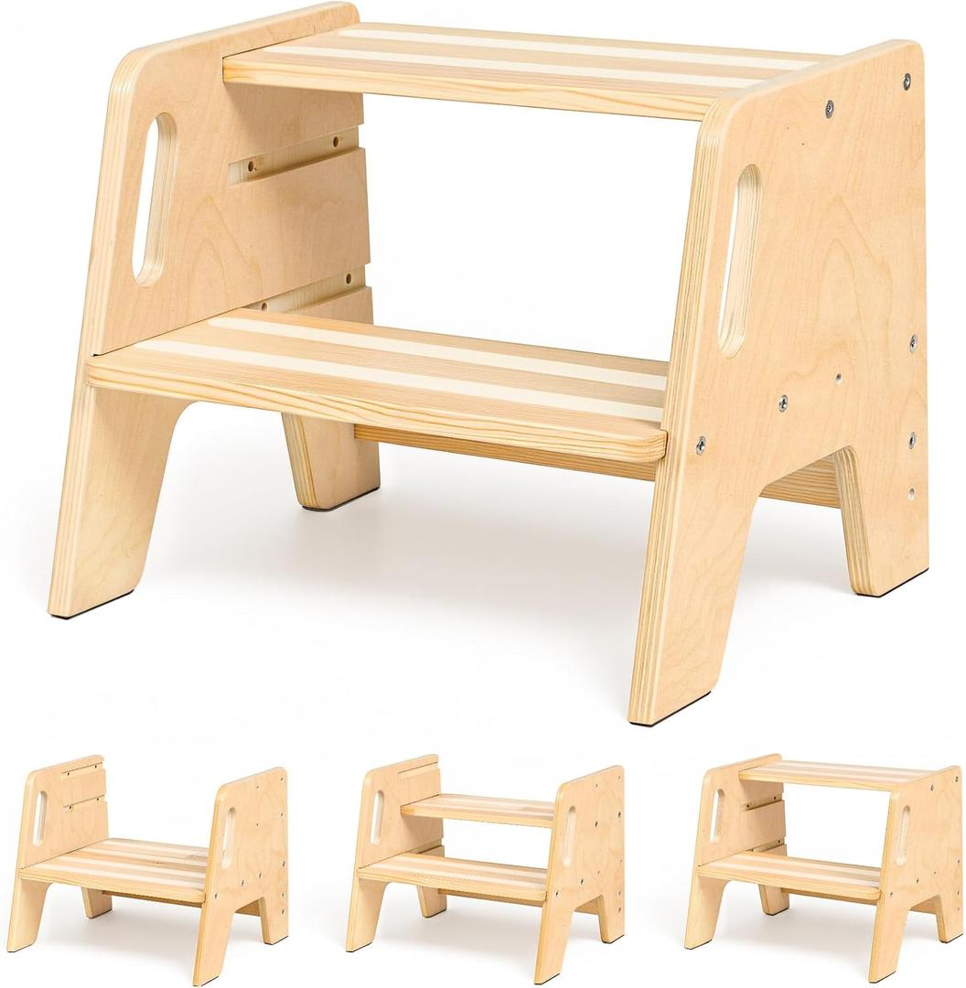 WINGYZ Toddler Step Stool, 3-Height Adjustable Wooden Stool for Kids, FSC & ASTM Birch Marine Plywood, 300lb Capacity, Bathroom Sink Independence, Kitchen Potty Training, Natural Wood