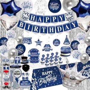 Birthday Decorations Men Blue - (Total 89pcs) blue party Banner, Pennant, Hanging Swirl, Foil Backdrops, balloons, Tablecloths, cupcake Topper, plates, Photo Props, birthday Sash for women boy