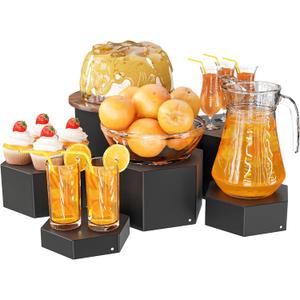 Metal Buffet Risers,6PCS Hexagonal Jewelry Display Risers 2.76 in to 4.02 in Market Display Stands Metal Showcase for Catering Dessert Figures Decoration (Matte Black, 2.76IN to 4.02IN)