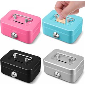 4 Pieces Small Money Box with Lock and Slot 4.5 x 3.3 x 2 Inch Metal Cash Box Set with Key Lock Metal Cash Boxs Piggy Bank Metals Coin Bank Gifts Without Money Tray (Black, Green, Gray, Pink)