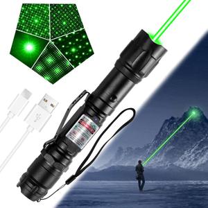 Green Laser Pointer, Rechargeable with Star Cap and Pocket Clip | Single-dot and star patterns, Type-C charging, wrist strap, for Outdoor, Astronomy, Construction, Hiking