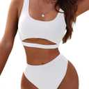 Blooming Jelly Women's High Waisted Bikini Sets High Cut Bathing Suits Two Piece Sporty Cut Out Crop Top Swimsuits(Large, White)