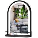 THEKLA 24 x 32 Inch Black Arched Light Vanity Mirror with Shelf Storage Arch LED Wall Mirror with Shelf Light 3 Color Dimmable Anti Fog Smart 32" Black Arched LED Bathroom Mirror with Shelf and Lights