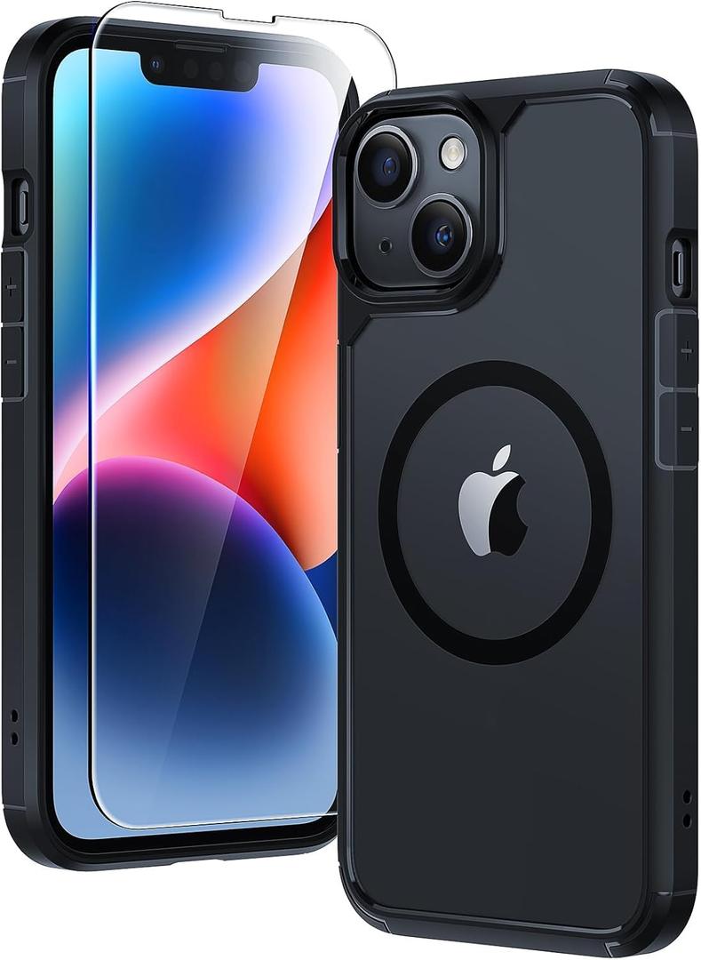 TAURI 3-in-1 Magnetic for iPhone 14 Case, [Designed with Magsafe] with 2 Screen Protector, Shockproof Case for iPhone 14, Black