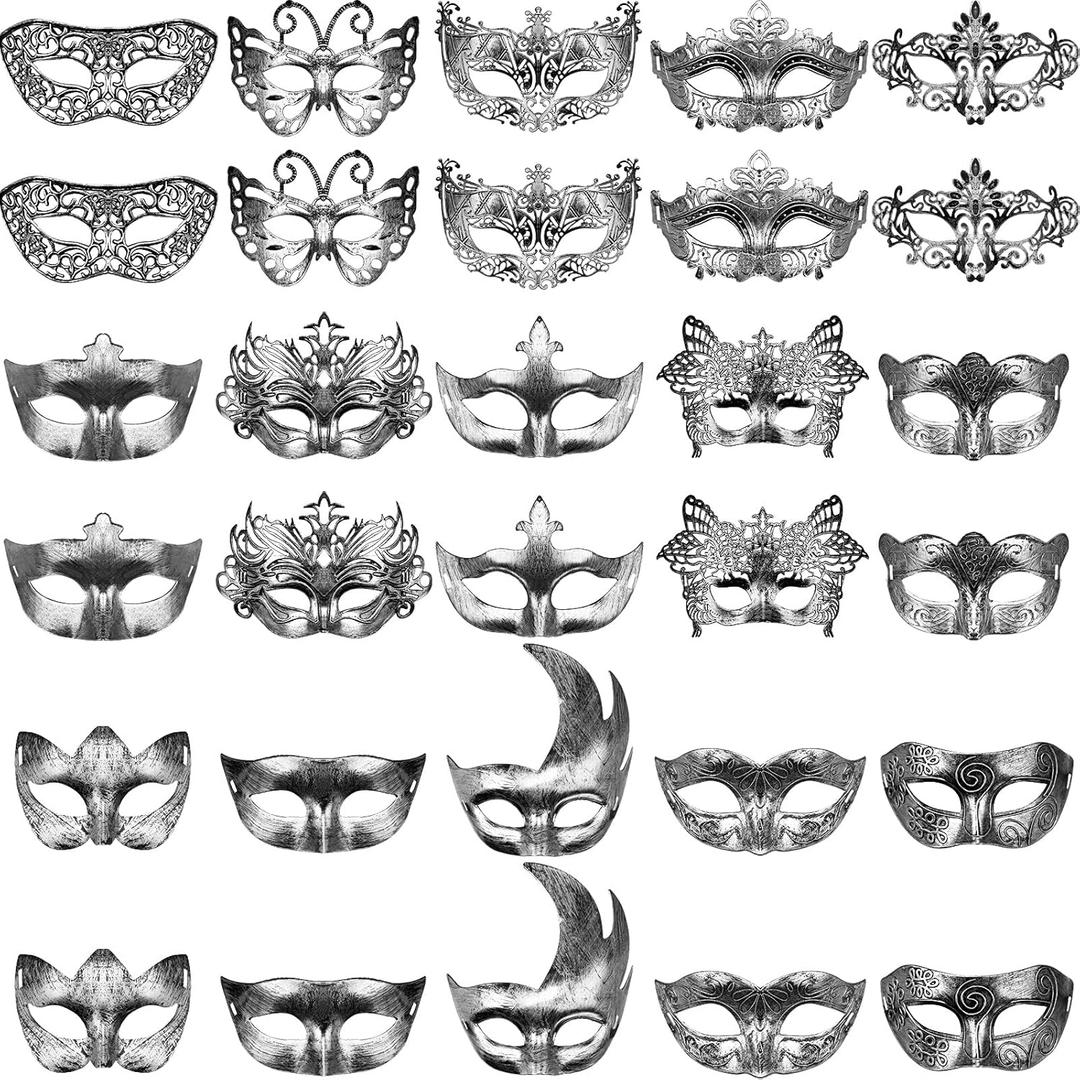 Yunsailing 30 Pieces Masquerade Mask Antique Masks with Straps for Halloween Women Men Mardi Gras Venetian Ball Party (Silver)