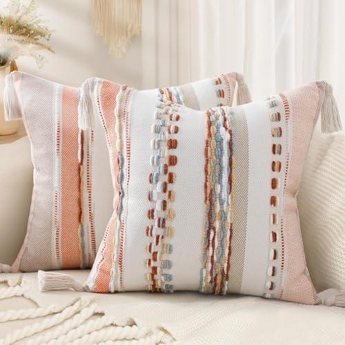 decorUhome Boho Decorative Throw Pillow Covers 18x18 Set of 2, Striped Chenille Tufted Pillow Covers with Tassels for Couch Bed Sofa, Cream White and Orange