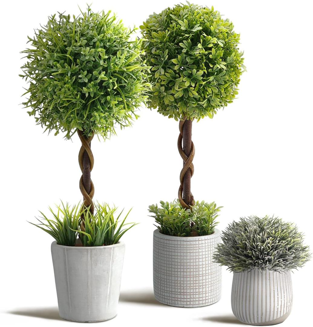 3 Pack Small Fake Plants 14.57 Inch, Small Artificial Boxwood Topiary in Cement Planter, Artificial Plants Indoor/Outdoor for Home Bathroom Bedroom Kitchen Office Room Decor
