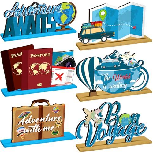 DoubleFill 6 Pcs Travel Themed Wooden Centerpieces Table Toppers Adventure Awaits Party Decor Travel Around The World Bon Voyage Table Decor Photo Props for Let The Adventure Begin Going Away Party