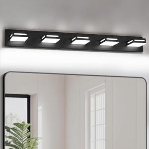 LED Modern Bathroom Light Fixtures, 5-Light 40-Inch Matte Black Vanity Lights for Bathroom Lighting Fixtures Over Mirror, 350 Rotatable Acrylic, 6000K Cool White Wall Lamp