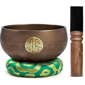 Tibetan Singing Bowl Set Brass - Master Healing Grade - Authentic Handcrafted Sound Bowl by Himalayan Bazaar (Black and Red) (Brown Mantra)