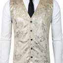 ZEROYAA Mens Hipster Metallic Paisley Printed Single Breasted V-Neck Suit Vest/Tuxedo Waistcoat Z49-Champagne XXX-Large