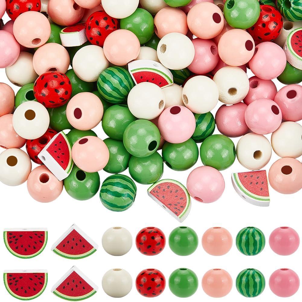 150Pcs 8 Styles Watermelon Wood Beads Wooden Fruit Beads Bulk Round Loose Bulk Colorful Assorted Shape Summer Spacers for Jewelry Making Findings DIY Crafts DIY Bracelet Necklace Home Decor