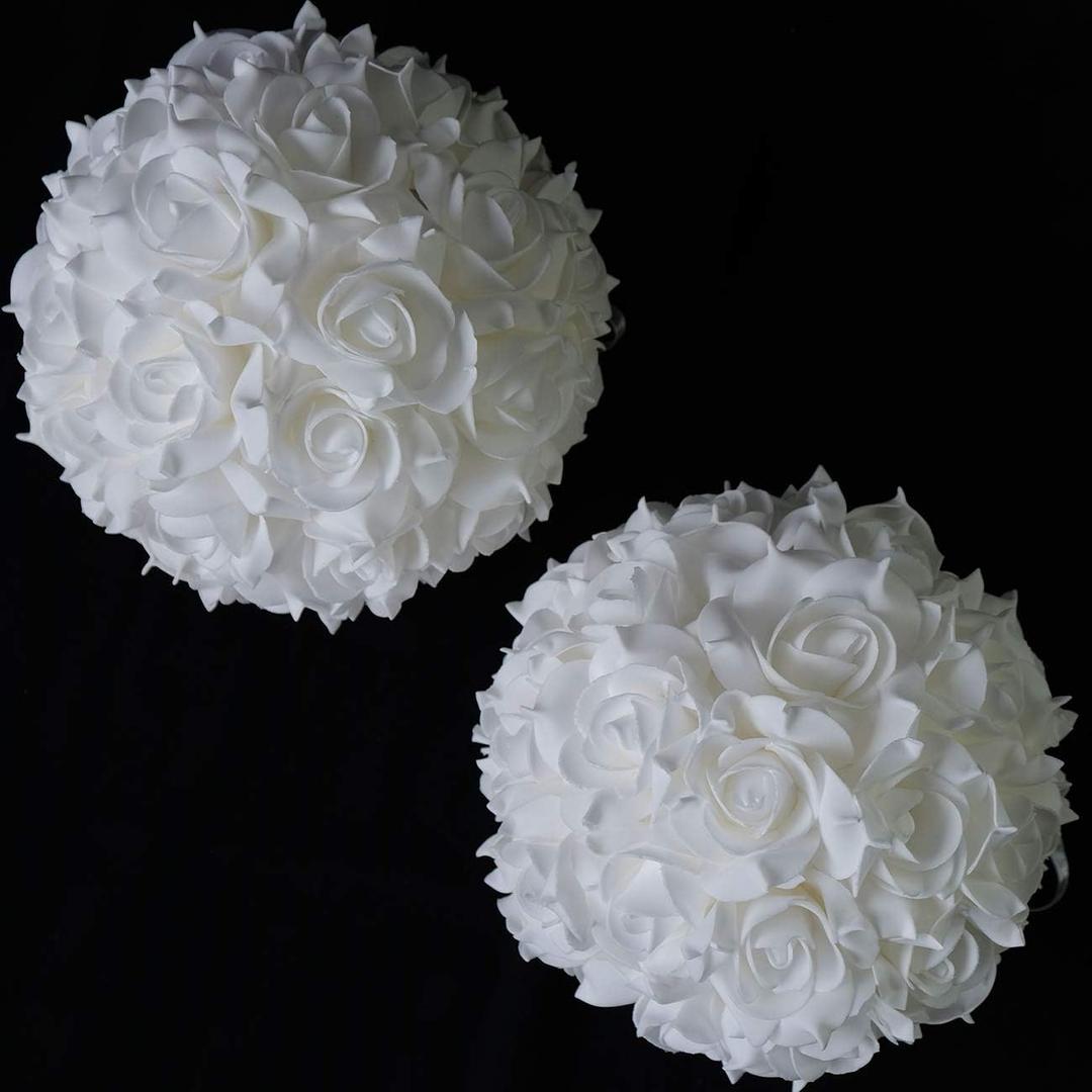 idyllic 8 Inches Artificial Flowers Roses, Kissing Flower Balls, DIY Wedding Bouquets Party Home Decorations, Set of 2, White