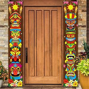 Frienda Hawaiian Luau Party Decoration Supplies Tiki Banner Tiki Totem Door Sign for Hawaii Tropical Decoration Aloha Tropical Birthday Party Wall Hanging Decor Supplies