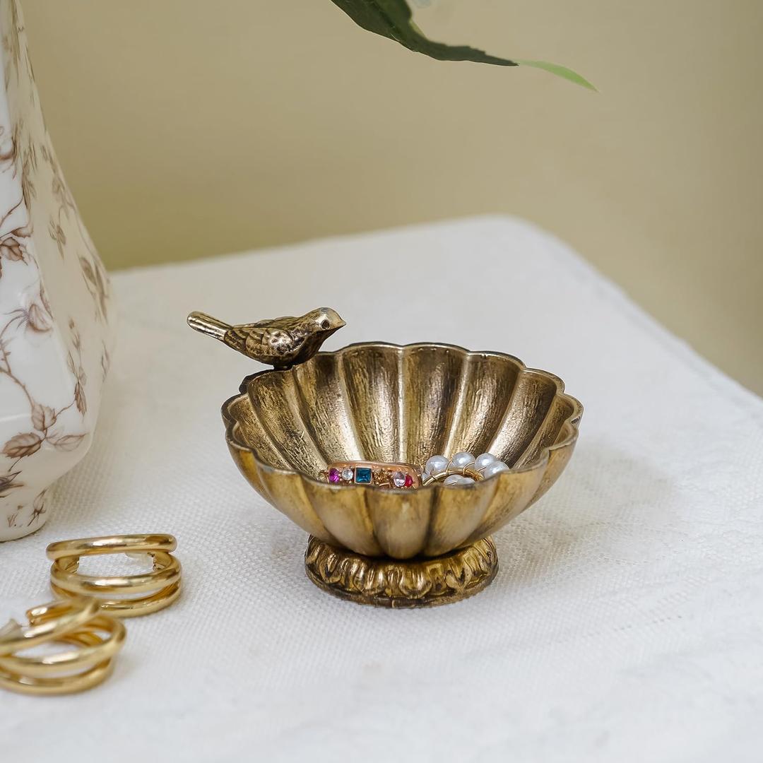 NIKKY HOME Antique Trinket Bowl Dish, Vintage Golden Metal Jewelry Tray with Bird, Ring Holder Classy Birthday Gifts