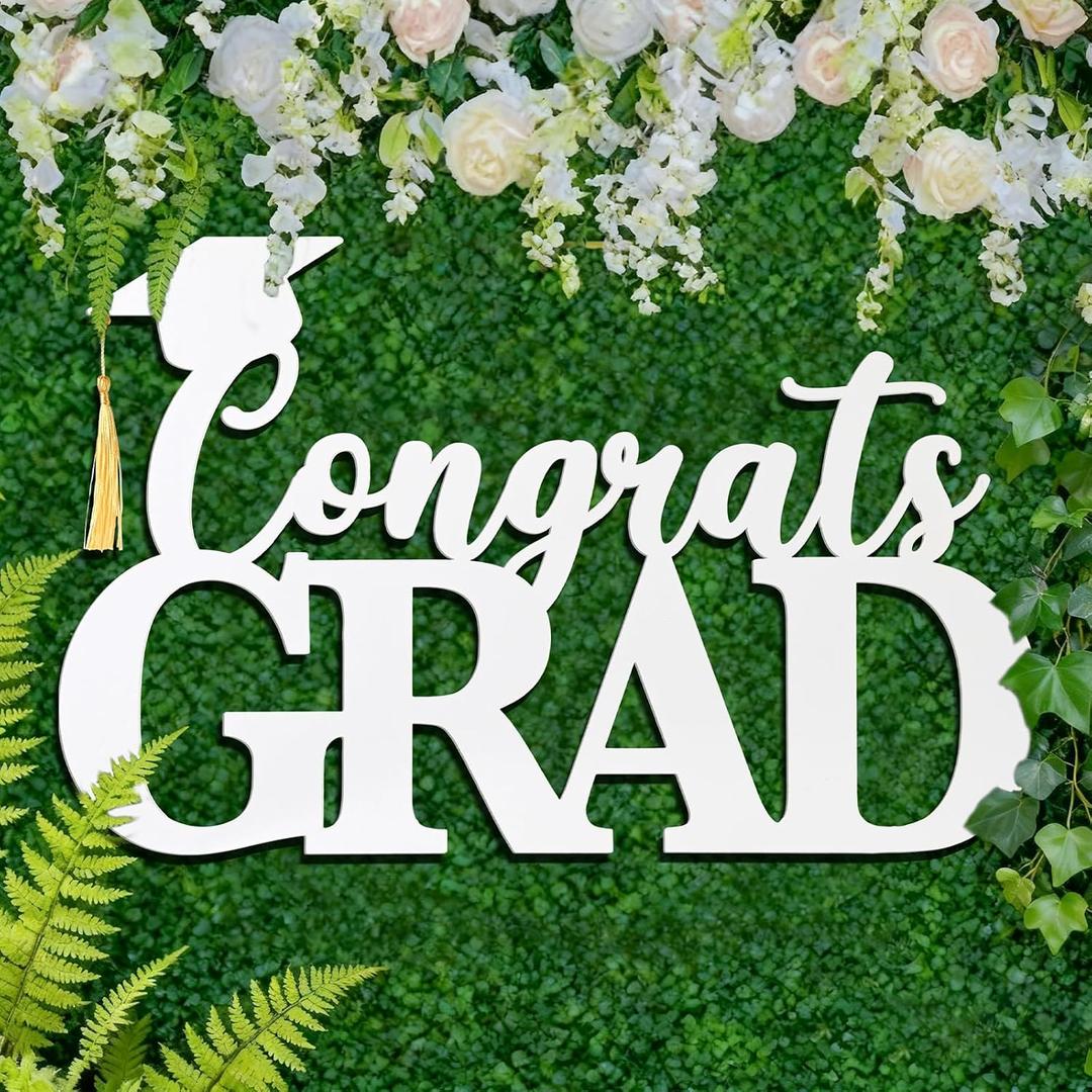 Yookeer 16.5 x 10.5 in Wooden White Congrats Grad Sign Graduation Party Decorations 2026 Congratulations Graduation Sign Photo Props with Graduate Cap Cutout for Backdrop Wall College Party Supplies