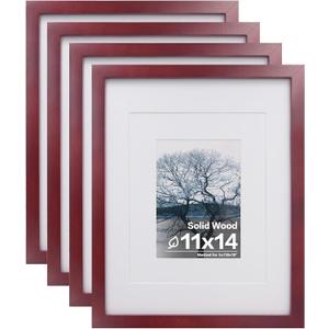 Egofine 11x14 Picture Frames 4 Pack Display Pictures 5x7/8x10 with Mat or 11x14 Without Mat Made of Solid Wood Covered by Plexiglass for Table Top Display and Wall Mounting Photo Frame, Cherry Red
