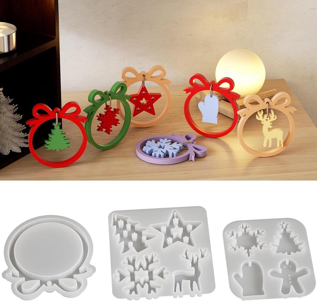 3 Pieces Christmas Resin Molds Silicone, 9 Cavities Christmas Ornament Silicone Molds for Family Christmas Decoration, Gifts, Resin Art Craft, Keychains, Tree Decorations