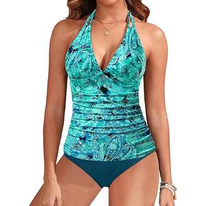 Yonique Womens Two Piece Swimsuits Tummy Control Tankini Plus Size Bathing Suit Halter V Neck Swimwear XL