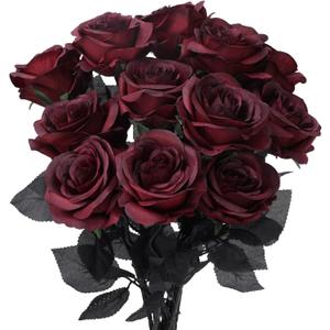 Whaline 12 Pack Valentine's Day Wine Red Artificial Roses Bouquet Vintage Silk Fake Burgundy Roses Lifelike Gothic Rose Flower Long Stem for Wedding Anniversary Birthday Party Table Centerpieces Decor