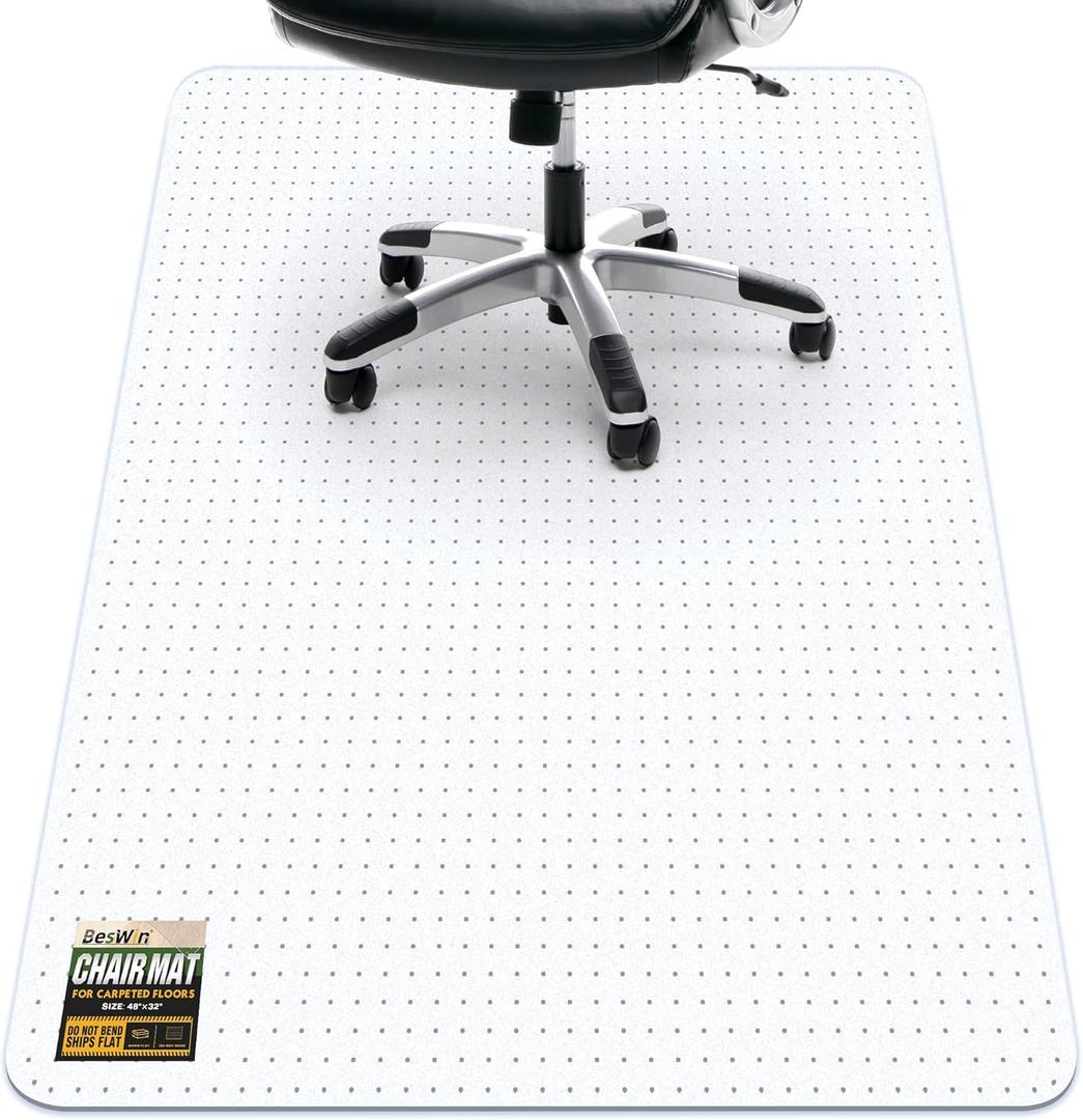 BesWin Office Chair Mat for Carpet, 32" x 48" Heavy Duty Hard Computer Desk Chair Mat for Carpeted Floors, Anti-Slip Carpet Floor Protector Mat for Office Chair, Smooth Glide, Ship Flat