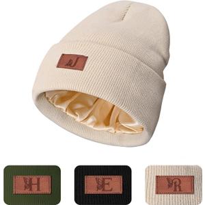 Personalized Satin Lined Knit Beanie Winter Hats Valentines Gifts for Women | Initial Letter Knitted Cuffed Beanies