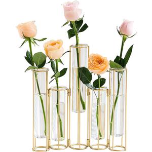 Gold Vases for Centerpieces, Test Tube Flower Vase with 5 Test Tubes, Gold Flower Vase with Metal Stand Racks Hydroponic, Glass Hinged Propagation Plant Vase for Wedding Table Home Decor