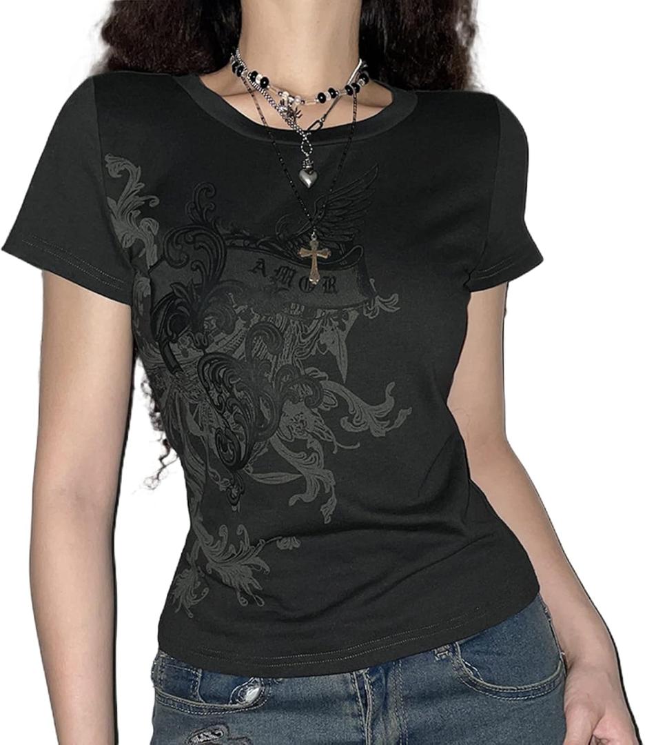 Vintage Y2K Grunge Aesthetic Gothic Punk T Shirt Short Sleeve Rock Graphic Print Crop Tee Slim Fairy Cotton Streetwear (Small, Black 14)