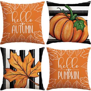 2 x Artscope Fall Decorative Throw Pillow Covers 20x20 Inch Set of 4 Fall Gifts for Home Decor, Striped Autumn Pumpkin Maple Leaves Harvest Decoration Pillow Cases for Home Sofa Couch Decor-Orange B
