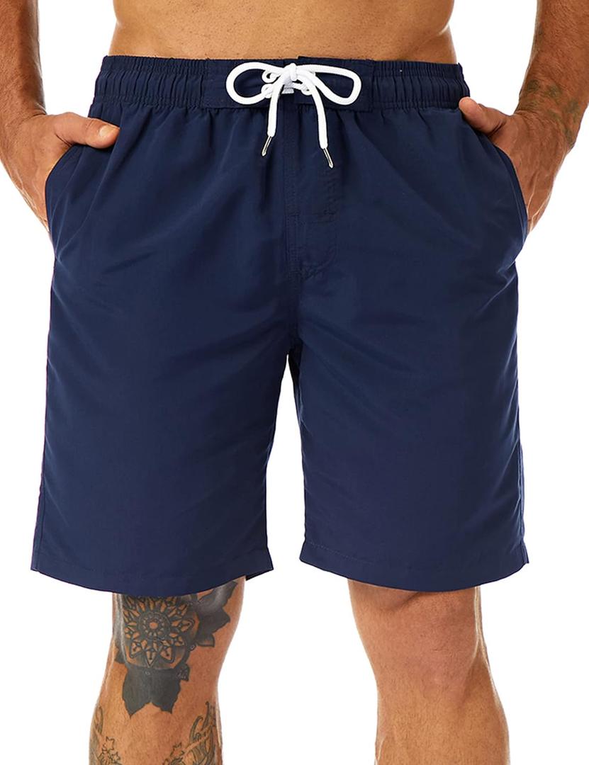 KAILUA SURF Mens Swim Trunks Long, Quick Dry Boardshorts, 9 Inches Inseam Bathing Suits with Mesh Lining (Large, Navy Blue)