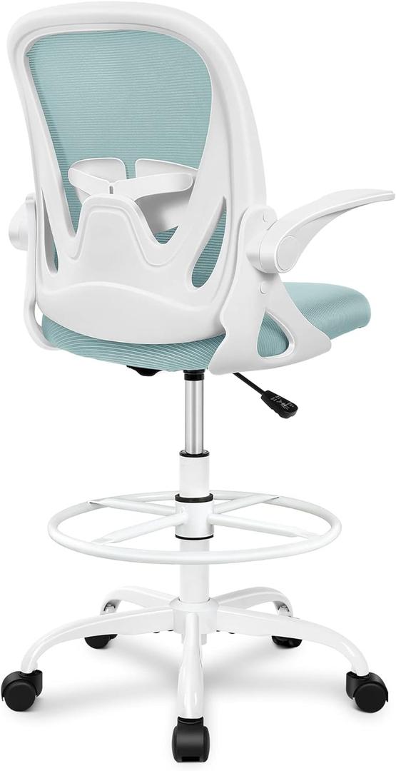 Primy Drafting Chair Tall Office Chair with Flip-up Armrests Executive Ergonomic Computer Standing Desk Chair with Lumbar Support and Adjustable Footrest RingLight Blue