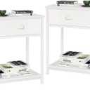 Furologee White Nightstands Set of 2, End Table with Fabric Drawer, Small Side Table for Small Spaces, 2-Tier Storage Shelves End Table, Bedside Table for Living Room, Bedroom, Dorm