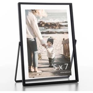 Floating Frame Floating Picture Frames, 5x7 Double Real Glass Metal Photo Frame with Pull-Out Easel Stand for Wall Vertical Tabletop Display, Home, Office, Photo Gallery, Wall Art, Wedding Decoration (Matte Black)