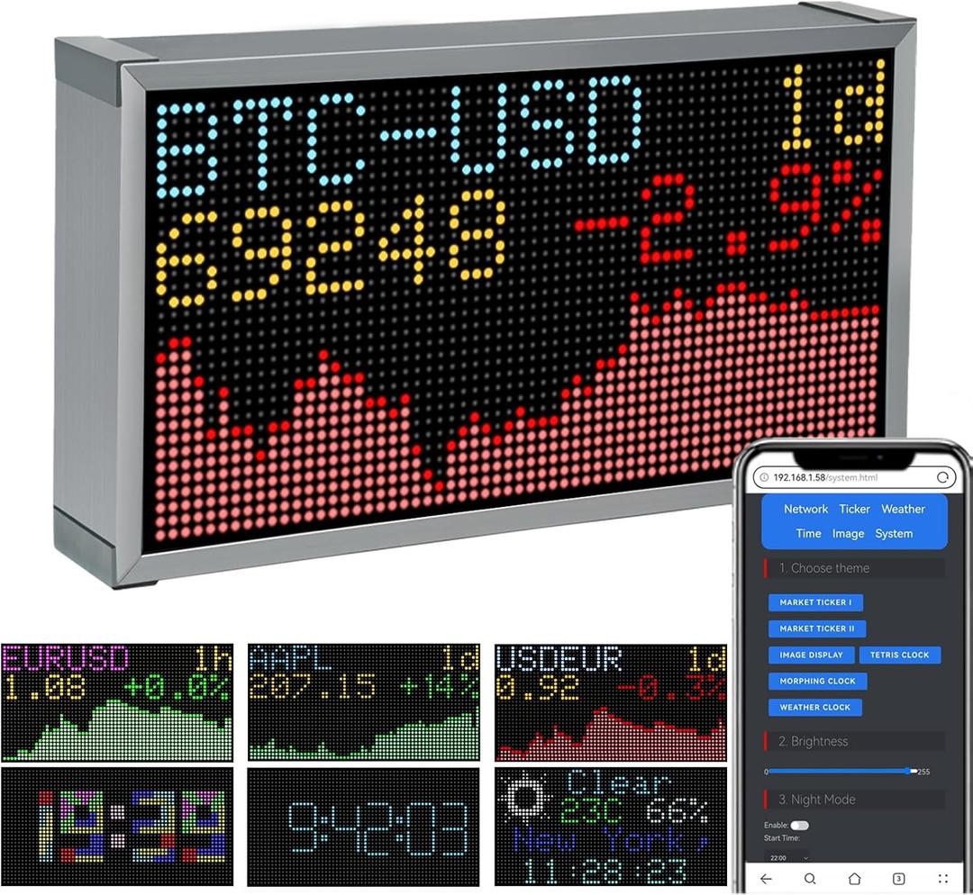 Real-Time Crypto Ticker Bitcoin Stock Ticker Monitor Display Digital Clock Weather, Temperature, Humidity, 64 * 32 Pixel Screen