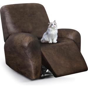 Leather Look Recliner Chair Covers, 4-Pieces Stretch Recliner Cover, Soft Reclining Chair Slipcover, Washable Furniture Protector for Lazy Boy Recliner (1 Seater, Brown)