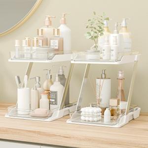 2 Pack Bathroom Organizers and Storage - Multi-Purpose,2-Tier Clear Pull Out Organization for Bathroom,Under Sink,Kitchen,Vanity,Countertop,Cabinet,Pantry & Medicine Cabinet,White