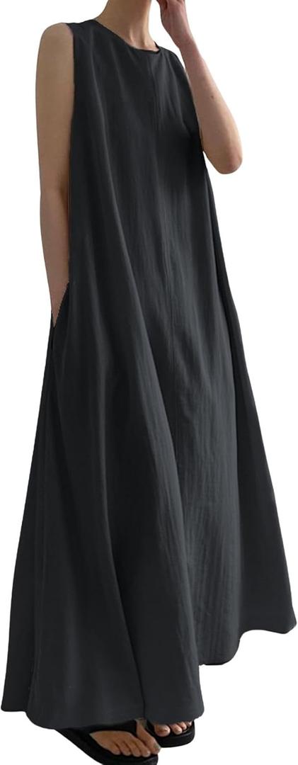 CHARTOU Women Casual Cotton Linen Sleeveless Maxi Dress Ruffle Shift Dress Flowy Beach Summer Long Tank Dress (Black), XL