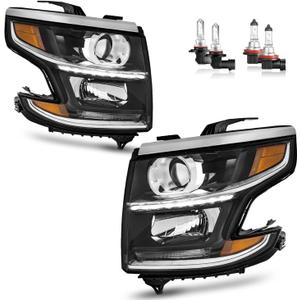 Headlights LED DRL Projector W/Bulbs for 2015-2020 Chevy Tahoe/Suburban, 2016-2019 Chevy Suburban 3500HD Driver& Passenger Side, Halogen