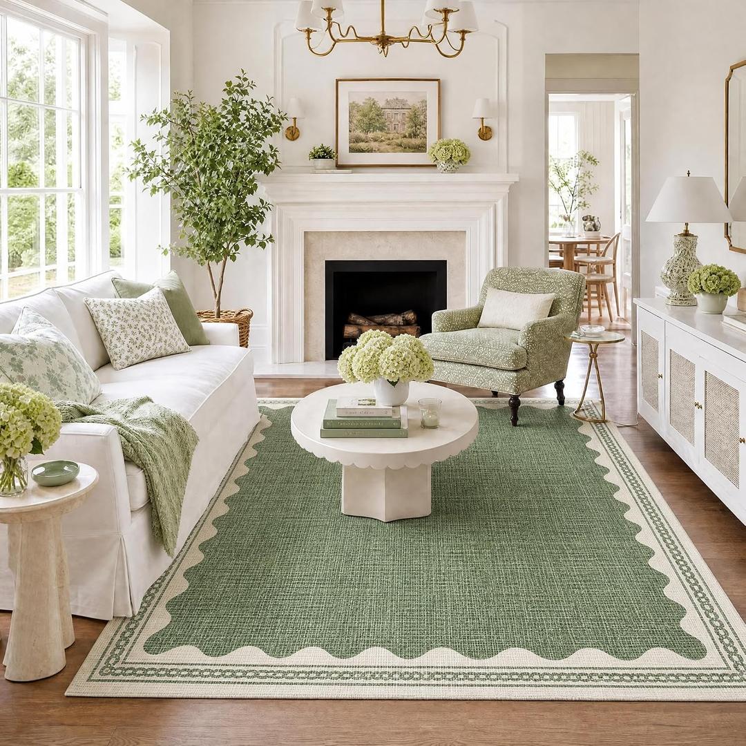 GarveeHome Scalloped Sage Green Washable Area Rug 6x9 Rugs for Living Room Soft Low-Pile Solid Modern Minimalism Thin Carpet for Bedroom Dining Nursery Non Slip