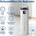 KZF Large Humidifier for Bedroom, 9L/2.5Gallon Ultrasonic Cool Mist Humidifier with Humidistat, 360°Nozzle, 350ML/H Big Mist Level, Suitable for Kids Room Livingroom Yoga Office Plant，White