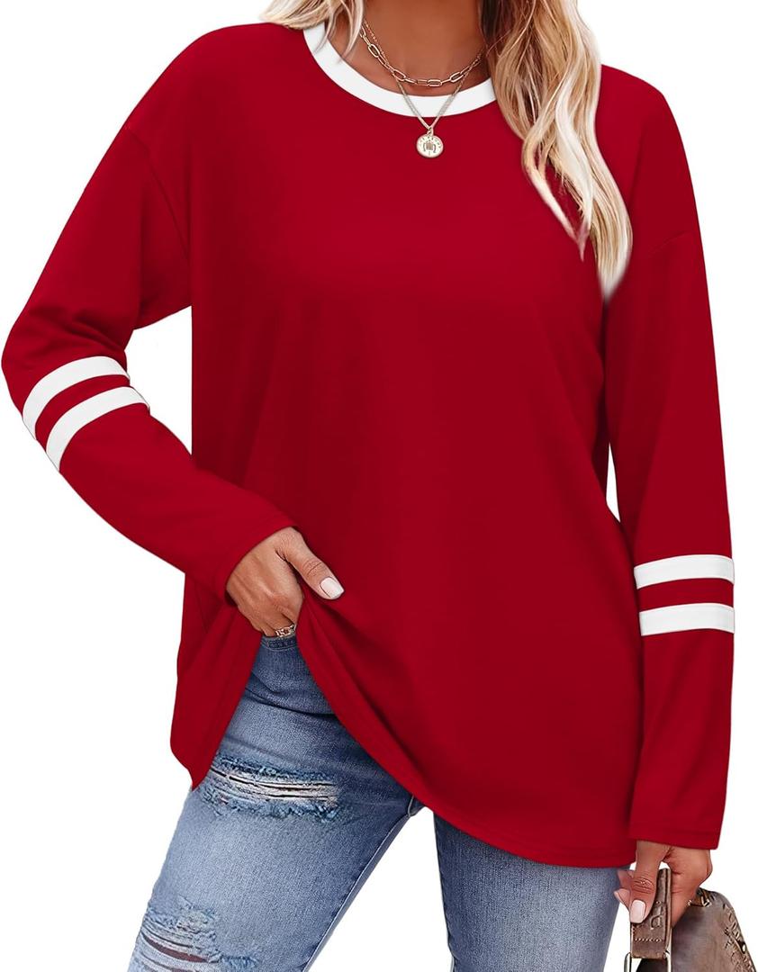 Sampeel Long Sleeve Shirts for Women Color Block Casual Tops Fall Outfits 2026 Basic Tees Trendy Spring Clothes M
