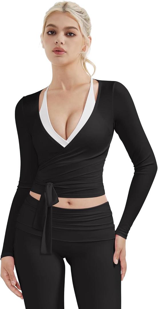 SUUKSESS Women Pilates Wrap Workout Cropped Top Ribbed Long Sleeve V Neck Tie Front Ballet Yoga Shrug Blouse (X-Small, Black)