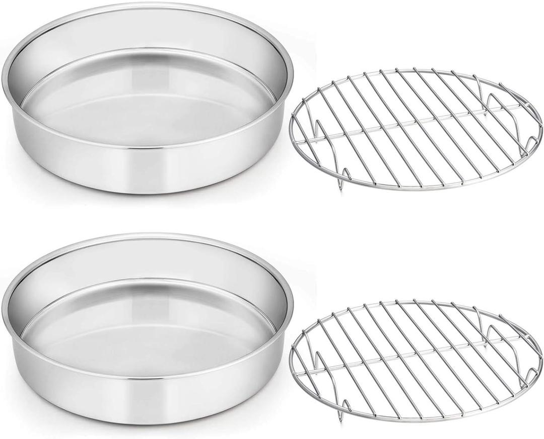 E-far 9-inch Cake Pan with Rack Set, Stainless Steel Round Cake Pans and Baking Cooling Racks, Non Toxic & Healthy, Mirror Polished & Dishwasher Safe - 4 Pieces (2 Pans + 2 Racks)