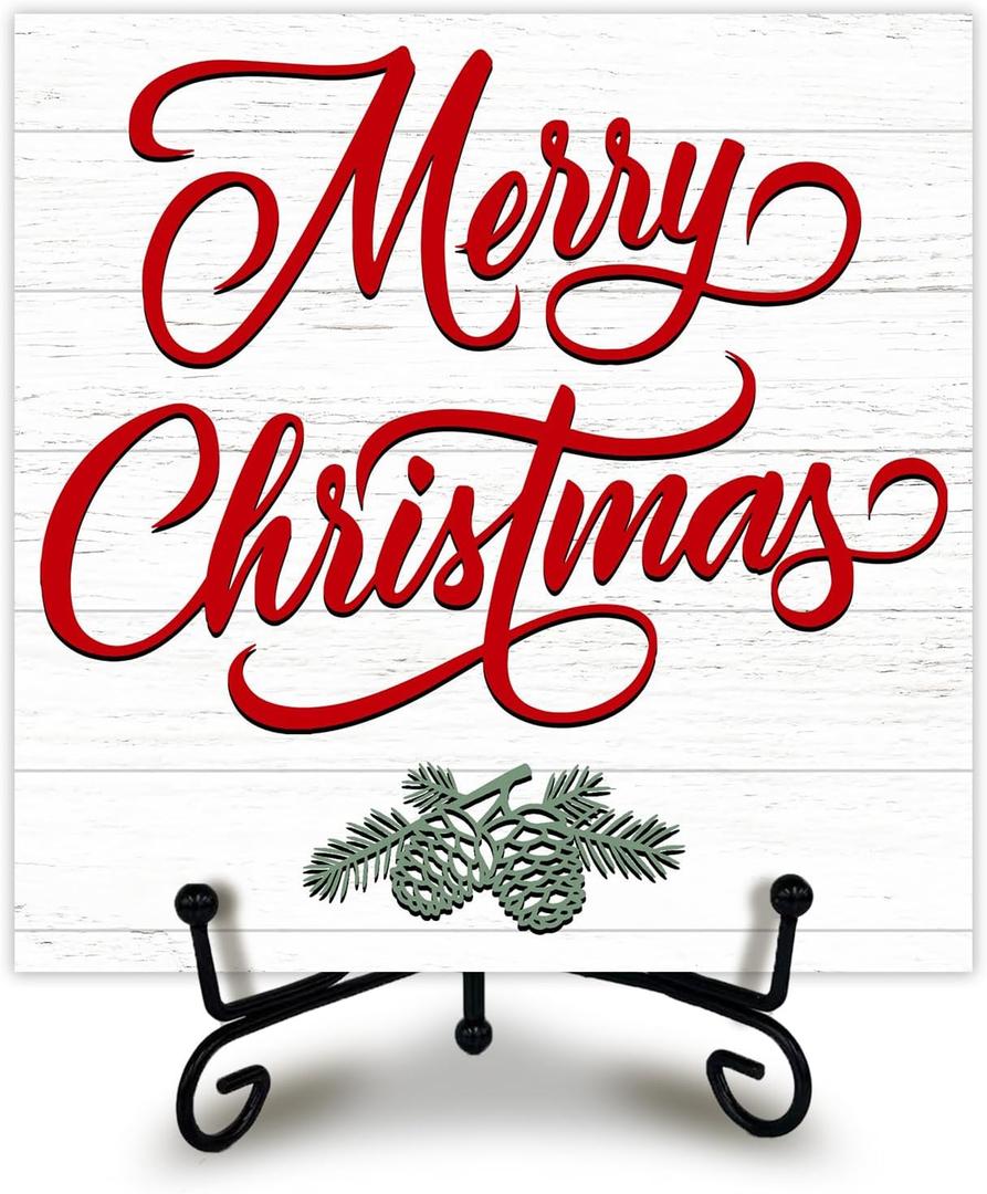 5 Inches Funny Xmas Wooden Sign, Christmas Decorations, White Minimalist Merry Christmas Bless Quote Wood Plaque With Metal Support, Living room, Bedroom,Dining room Decoration - A13