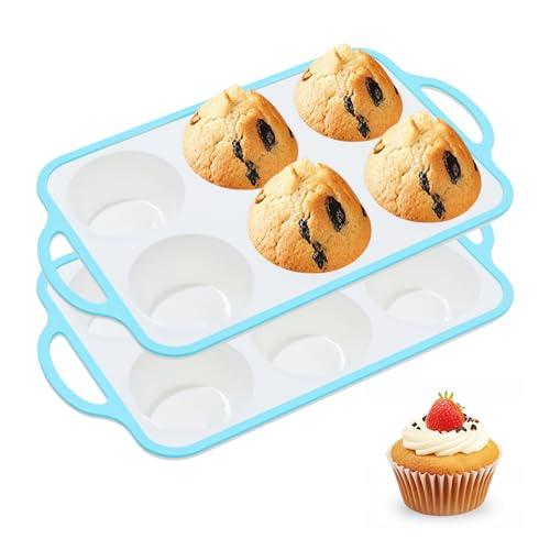 Fimary Silicone Jumbo Muffin Pan with Metal Frame, Non Stick Food Grade Silicone Large Muffin Pan, with Handles 6 Cup,BPA-Free and Dishwasher Safe, Jumbo Cupcake Pans - 2 Piece Blue