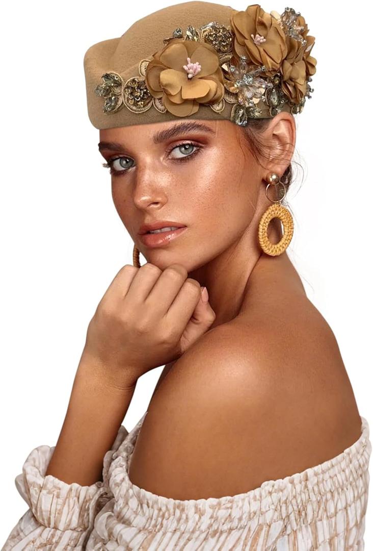 European and American retro British felt headscarf hat women's church derby headdress with floral women's soft beret (Khaki)