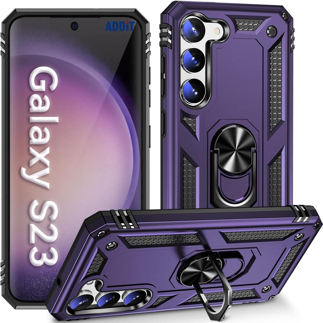 ADDIT S23 Case, Phone Case for Samsung Galaxy S23 6.1 inch Case,with Kickstand Ring,Adjustable Stand,Military Grade,Heavy Duty Protection,Shockproof,Anti-Fingerprint,Support Magnet Car Mount,Purple