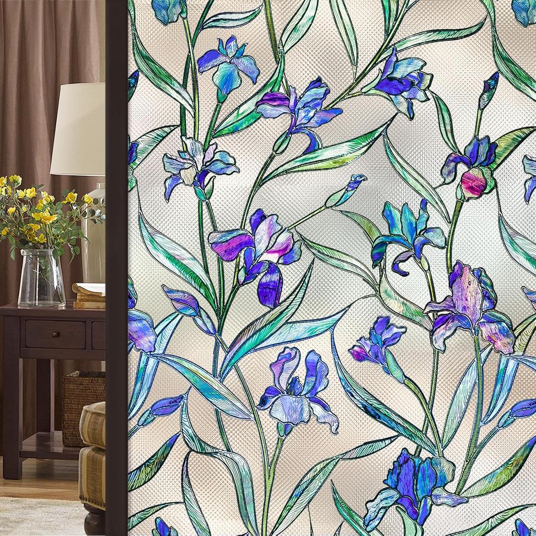 Coavas Window Privacy Film 3D Violet Floral Stained Glass Window Clings Decorative Static Cling Bathroom Frosted Decals Winter Sun Blocking Stickers for Home Door Room Covering 23.6 x 35.4 Inch