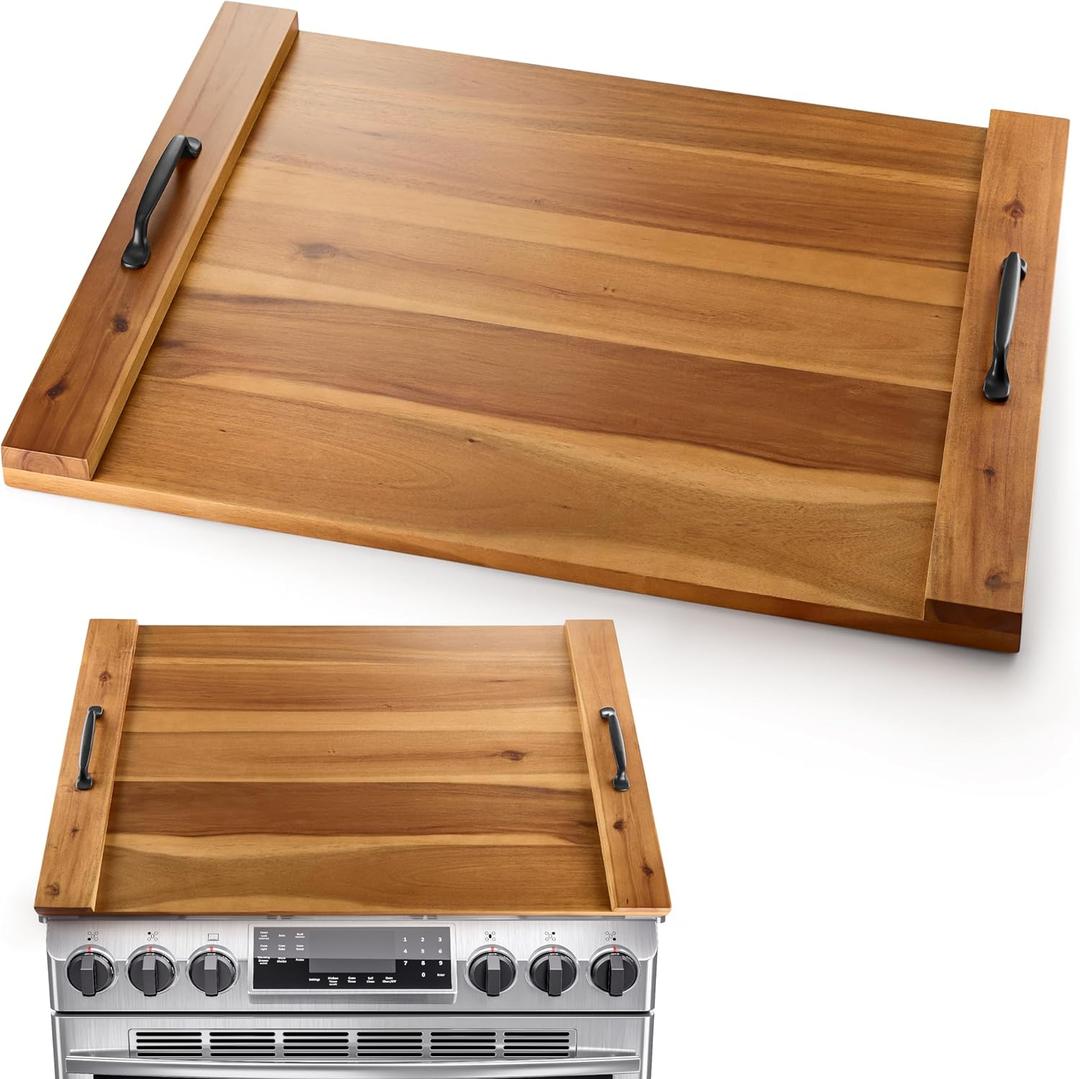 Noodle Board Stove Cover with Sturdy Handle, 30.3x22'' Durable Extra Thick Wood Stove Top Covers for Gas and Electric Stove, Acacia Wooden Sink Cover & RV Stove Top Cover, Charcuterie Board (Natural)