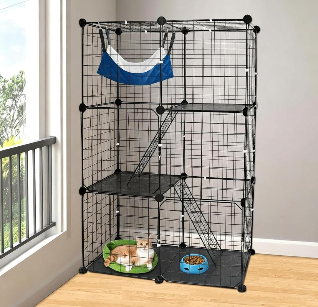 3 Tier Cat Playpen Cage, Metal Detachable DIY Indoor Cat Enclosures Kitten House Exercise Place Kitten Crate with 3 Doors 2 Ladders for 1-2 Cats